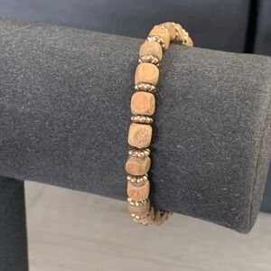 Natural Wood Cube Bead Stretch Bracelet with Gold Tone Spacers Boho 5.5 Inch